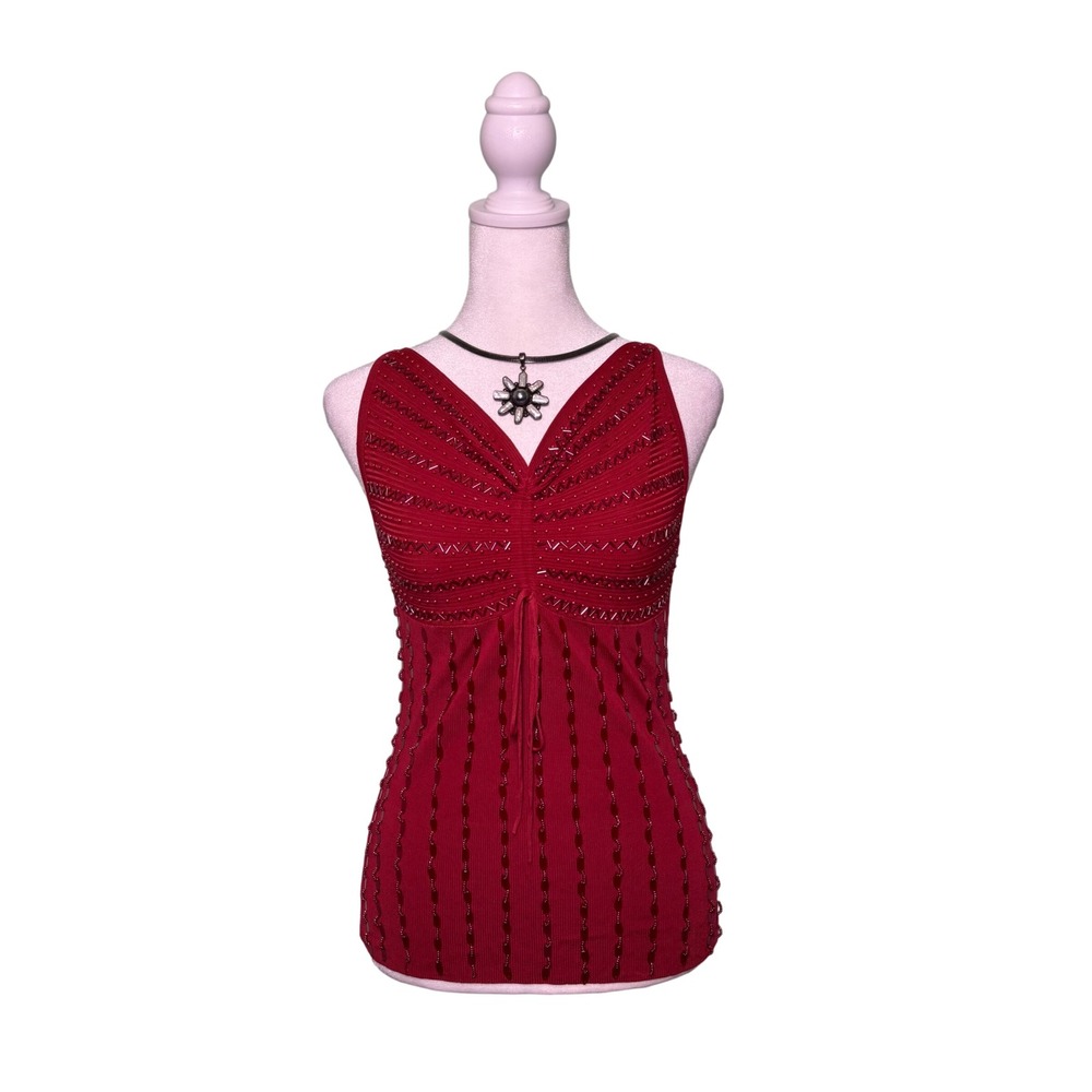 Vintage Y2K Red Beaded Knit Tank Top Cinch Bust Stretch Detailed